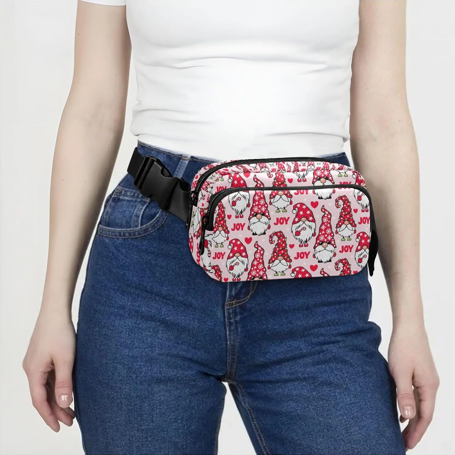Custom Christmas Gnome Cute Pink Fanny Packs for Women Waterproof Hip Pack Belt Pouch Funky Waist Pack for Women