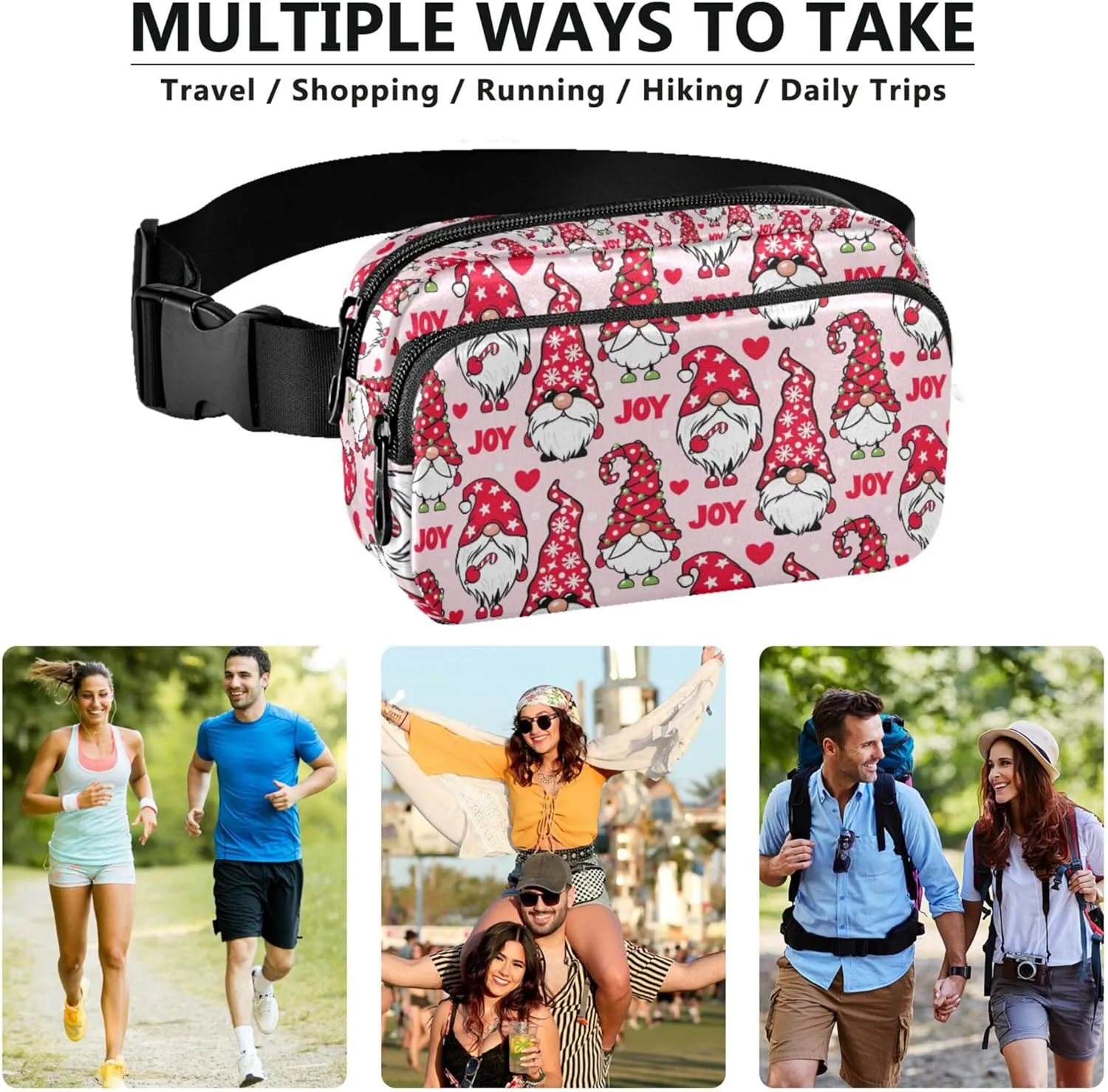 Custom Christmas Gnome Cute Pink Fanny Packs for Women Waterproof Hip Pack Belt Pouch Funky Waist Pack for Women