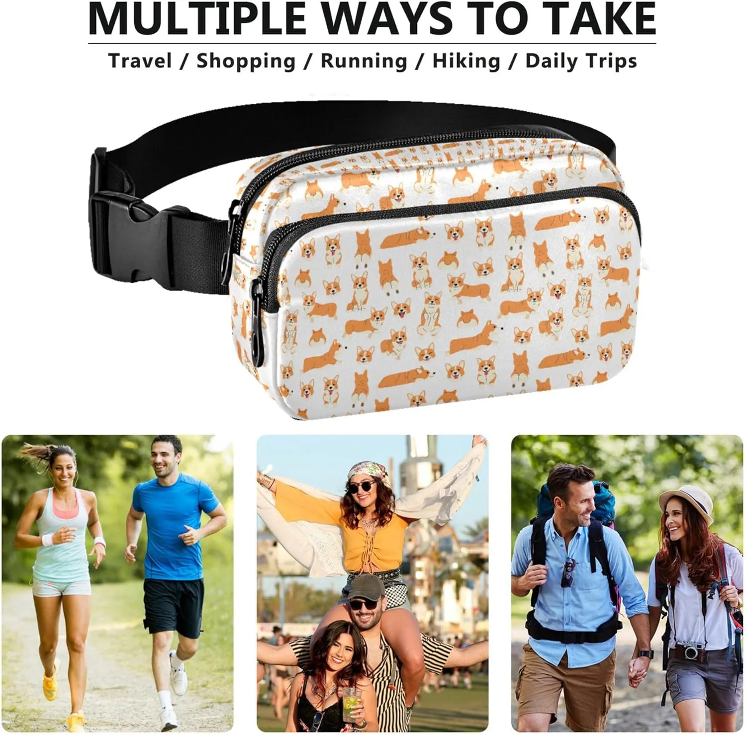 Custom Corgi Pattern Dog Animals Waterproof Women Fanny Packs Belt Bag Hip Pouch Designer Travel Waist Pouch