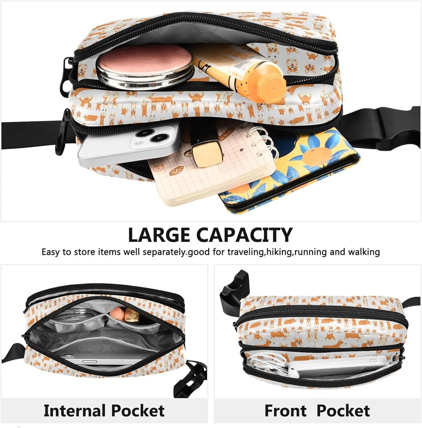 Custom Corgi Pattern Dog Animals Waterproof Women Fanny Packs Belt Bag Hip Pouch Designer Travel Waist Pouch
