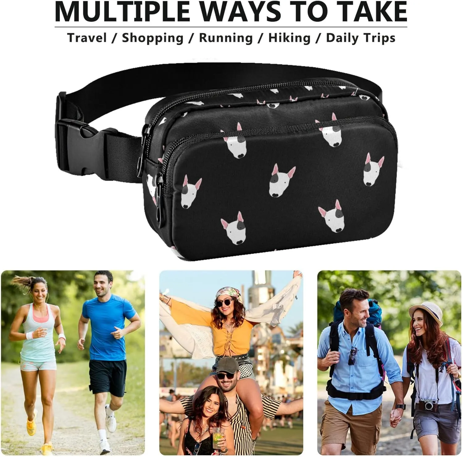 Customized Bull Terrier Dog Black Fanny Packs for Women Cartoon Large Hip Belt Bag Waterproof Waist Pouches for Men