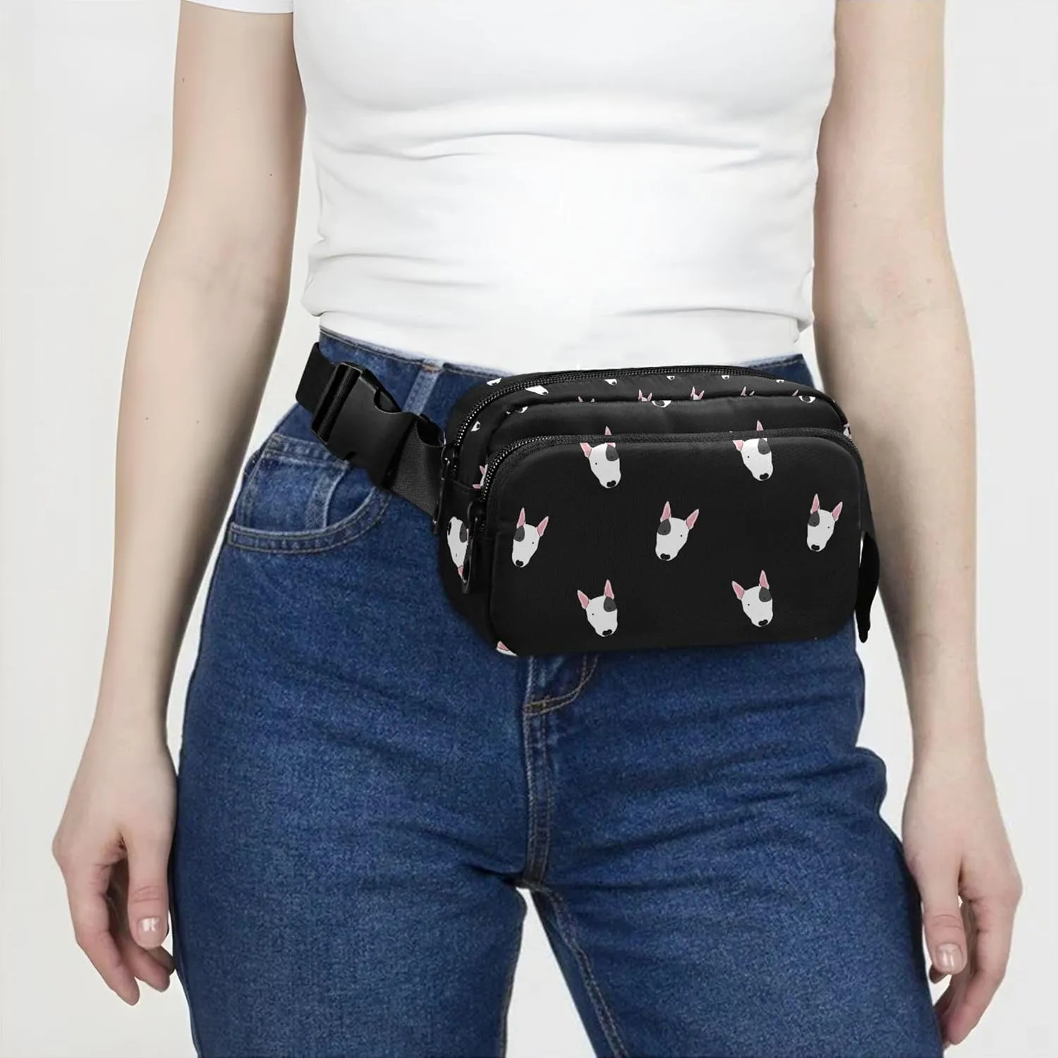 Customized Bull Terrier Dog Black Fanny Packs for Women Cartoon Large Hip Belt Bag Waterproof Waist Pouches for Men