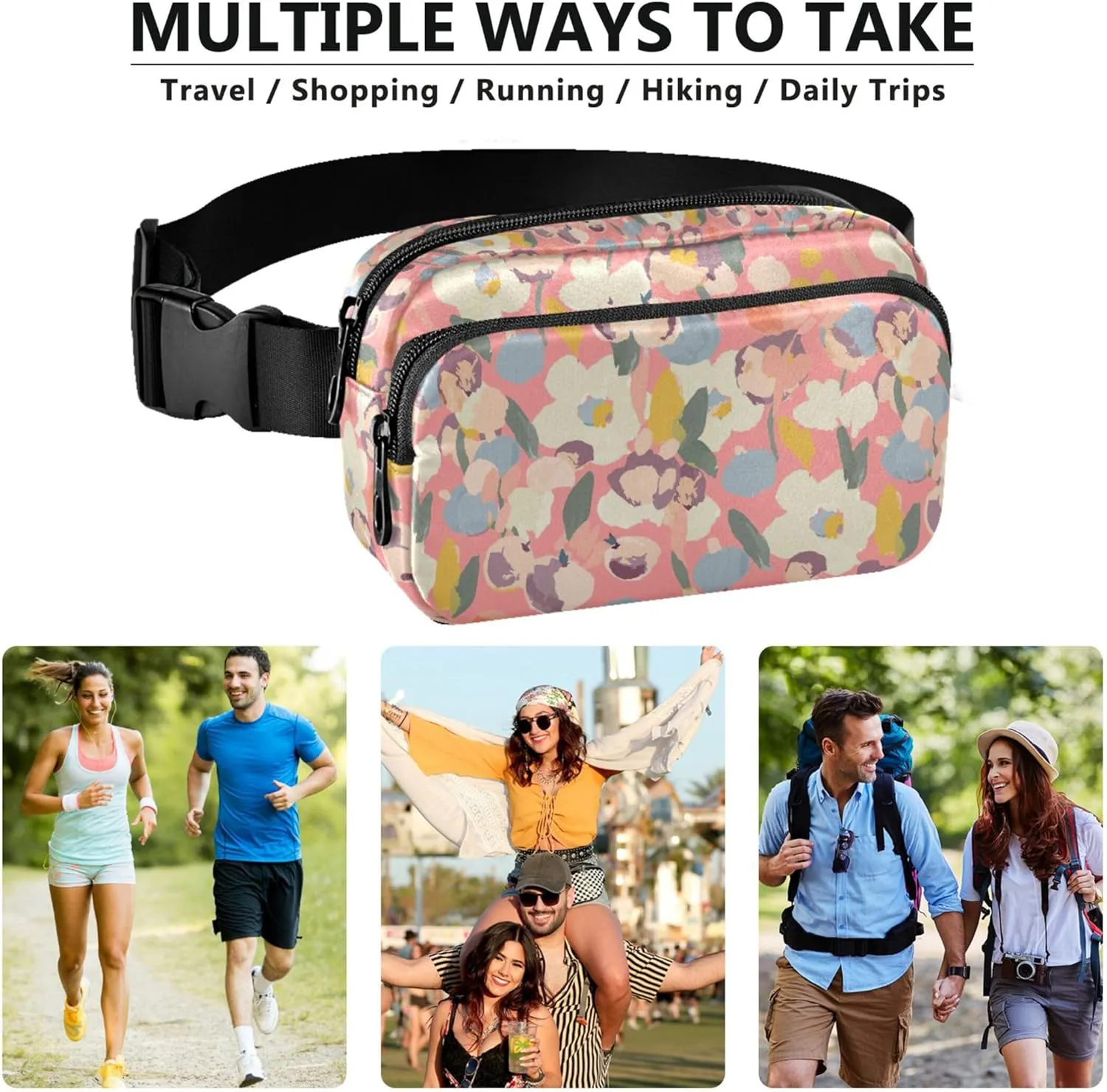Customized Colorful Floral Pink Flowers Fanny Packs Women Waterproof Large Hip Belt Bag Designer Cross Body Waist Purse