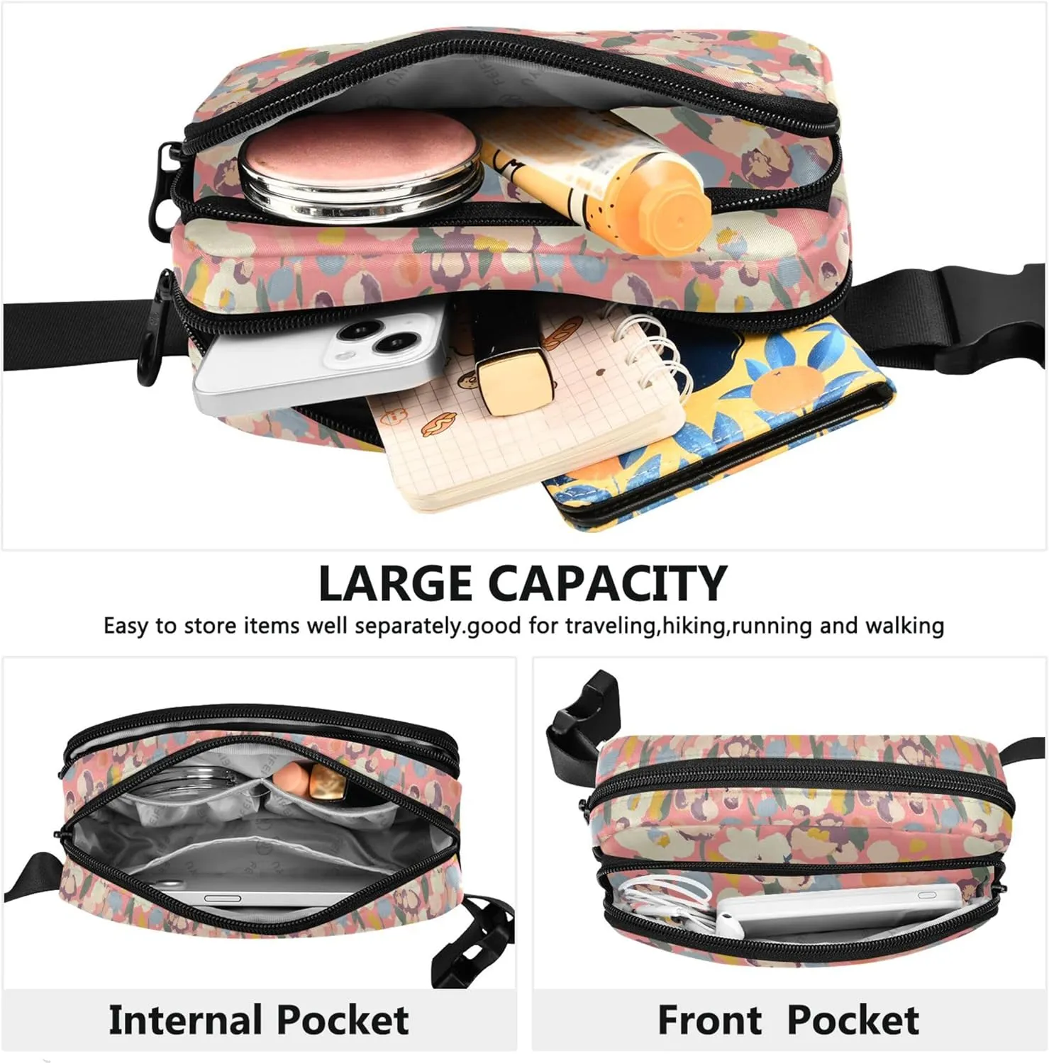 Customized Colorful Floral Pink Flowers Fanny Packs Women Waterproof Large Hip Belt Bag Designer Cross Body Waist Purse