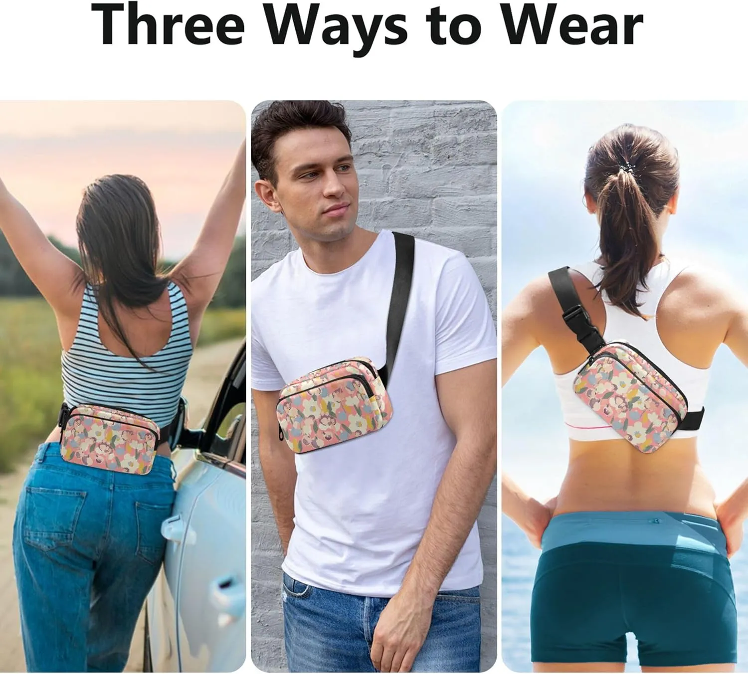 Customized Colorful Floral Pink Flowers Fanny Packs Women Waterproof Large Hip Belt Bag Designer Cross Body Waist Purse