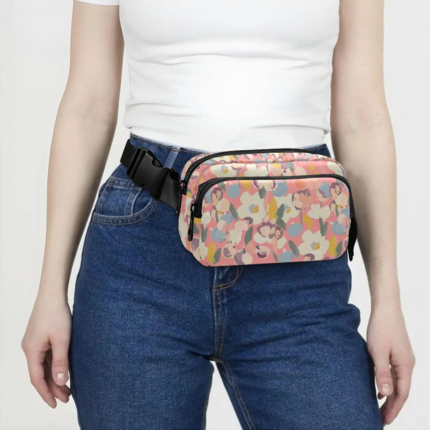Customized Colorful Floral Pink Flowers Fanny Packs Women Waterproof Large Hip Belt Bag Designer Cross Body Waist Purse