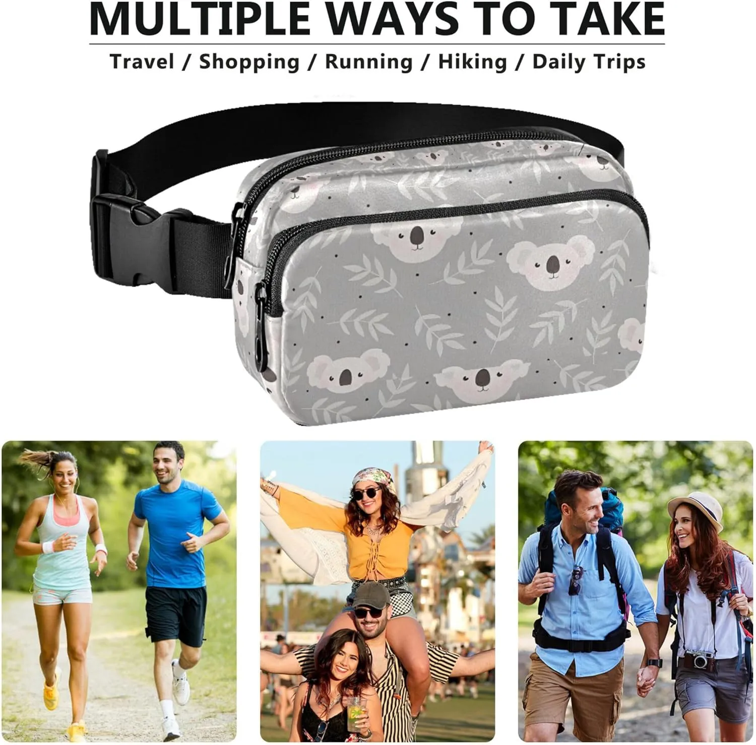 Customized Cute Koala Grey Women Fanny Packs Waterproof Belt Bag Hip Pack Cute Cross Body Waist Pack