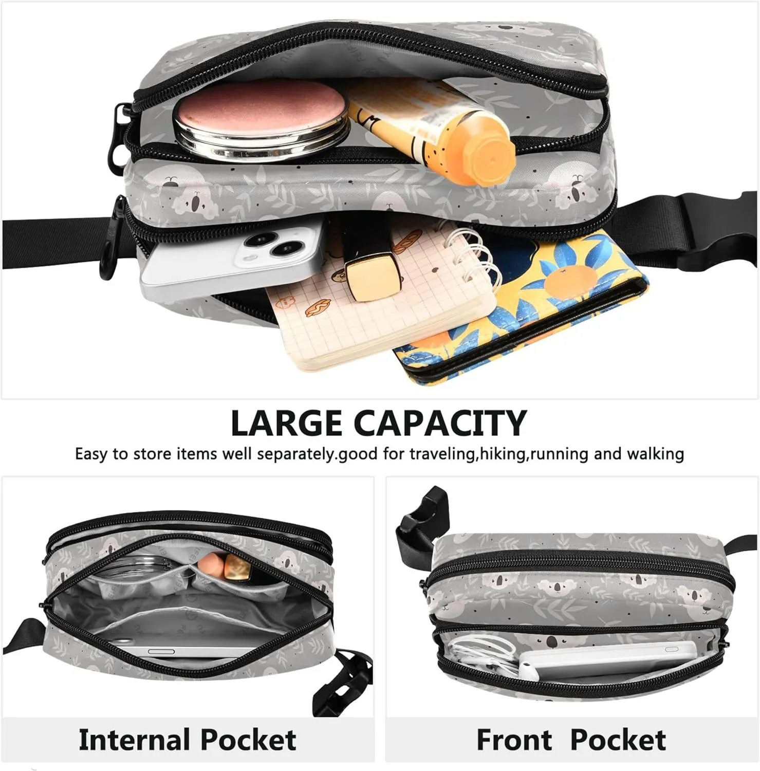 Customized Cute Koala Grey Women Fanny Packs Waterproof Belt Bag Hip Pack Cute Cross Body Waist Pack