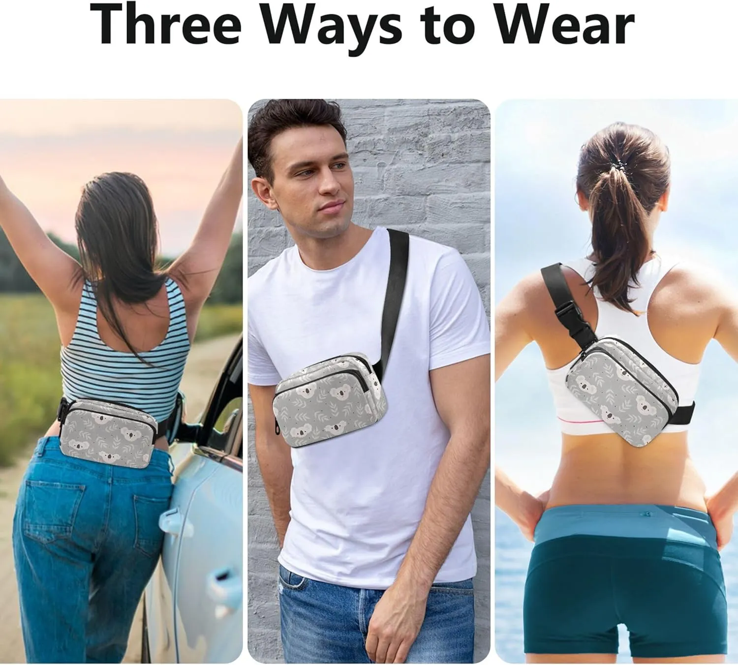 Customized Cute Koala Grey Women Fanny Packs Waterproof Belt Bag Hip Pack Cute Cross Body Waist Pack