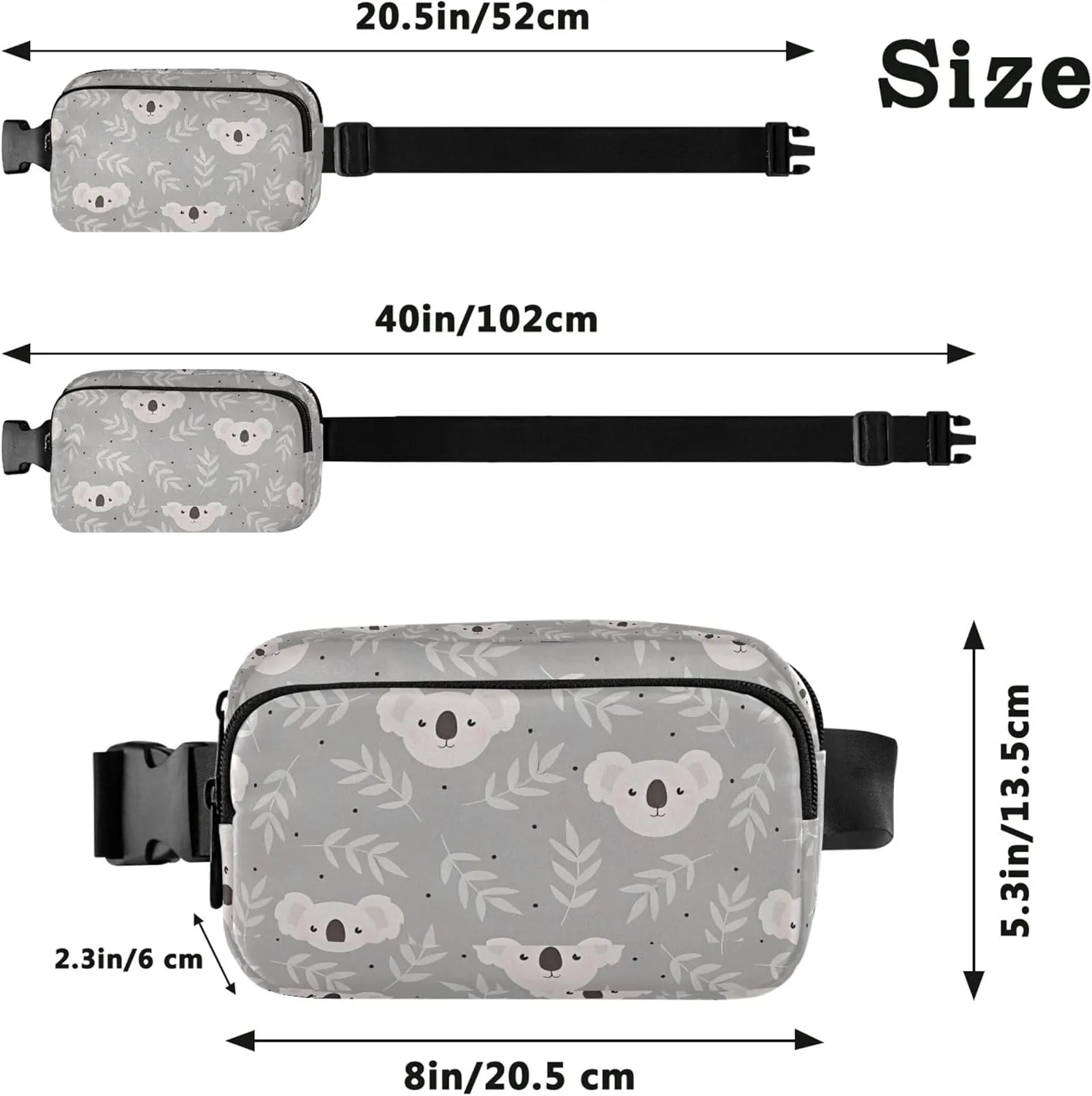 Customized Cute Koala Grey Women Fanny Packs Waterproof Belt Bag Hip Pack Cute Cross Body Waist Pack