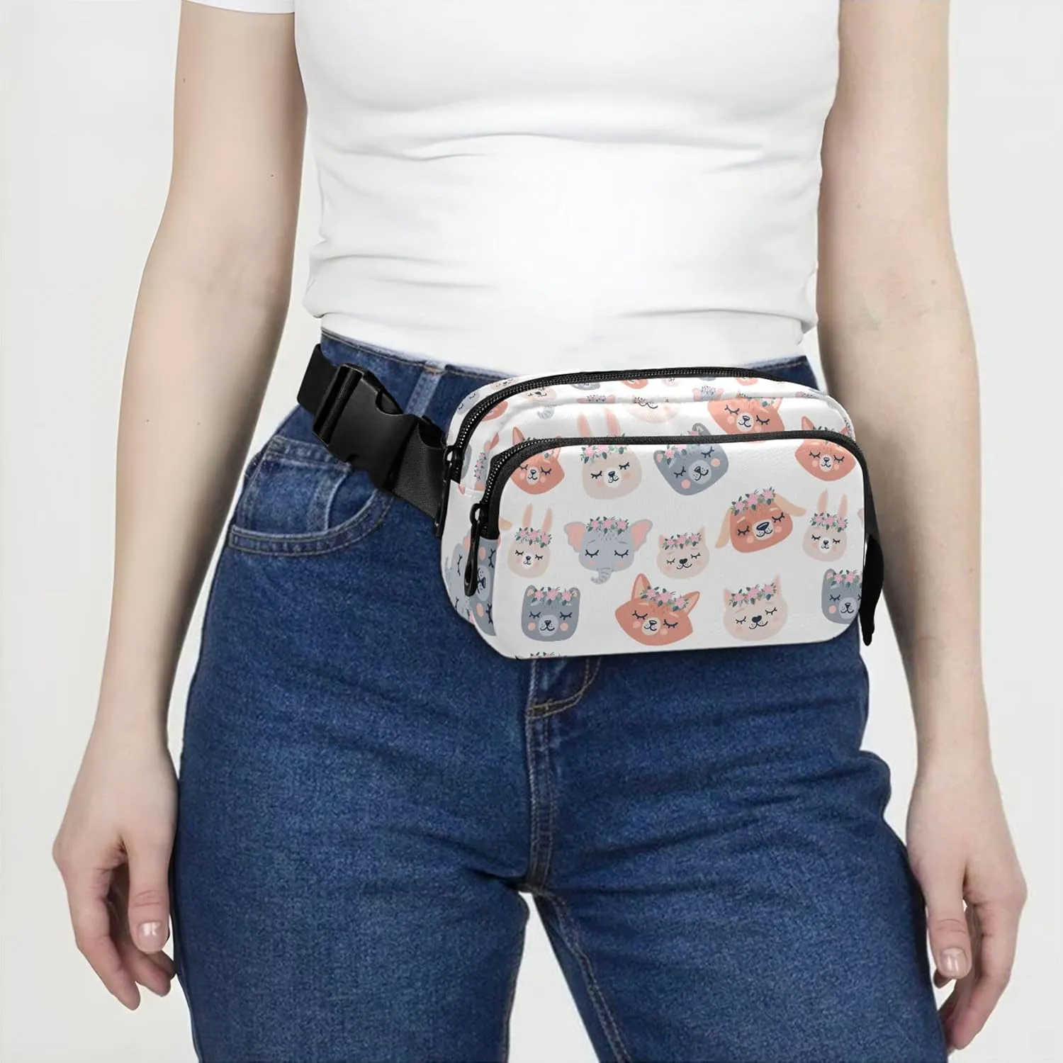 Cute Animals Floral Womens Fanny Pack Waterproof Hip Pack Belt Bag Festival Travel Waist Bag