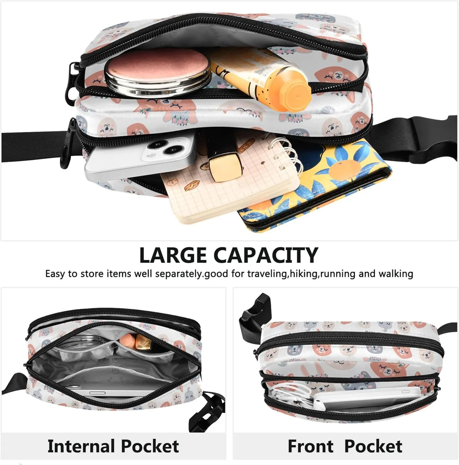Cute Animals Floral Womens Fanny Pack Waterproof Hip Pack Belt Bag Festival Travel Waist Bag