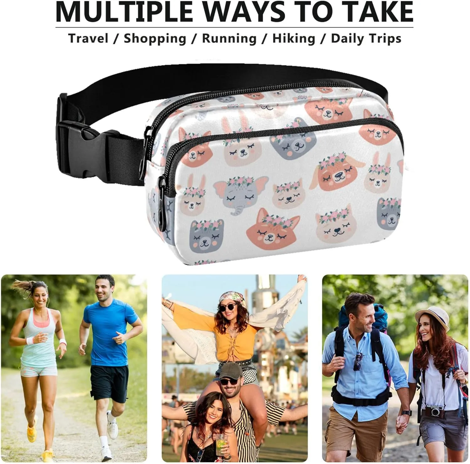 Cute Animals Floral Womens Fanny Pack Waterproof Hip Pack Belt Bag Festival Travel Waist Bag