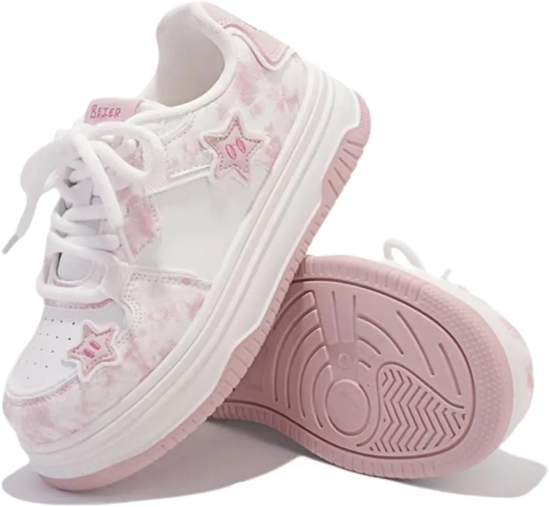 Cute Chunky Sole Star Aesthetic Shoes Platform Low Top Walking Sneakers for Women, Gifts for Girls Teens Fashion Comfort