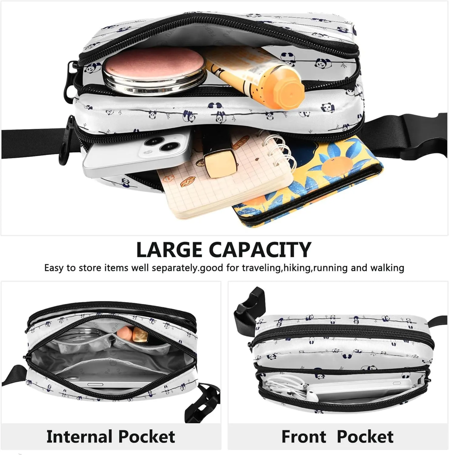Cute Panda Black and White Women Fanny Packs Hip Pouch Belt Bag Waterproof Cartoon Cross Body Waist Pack