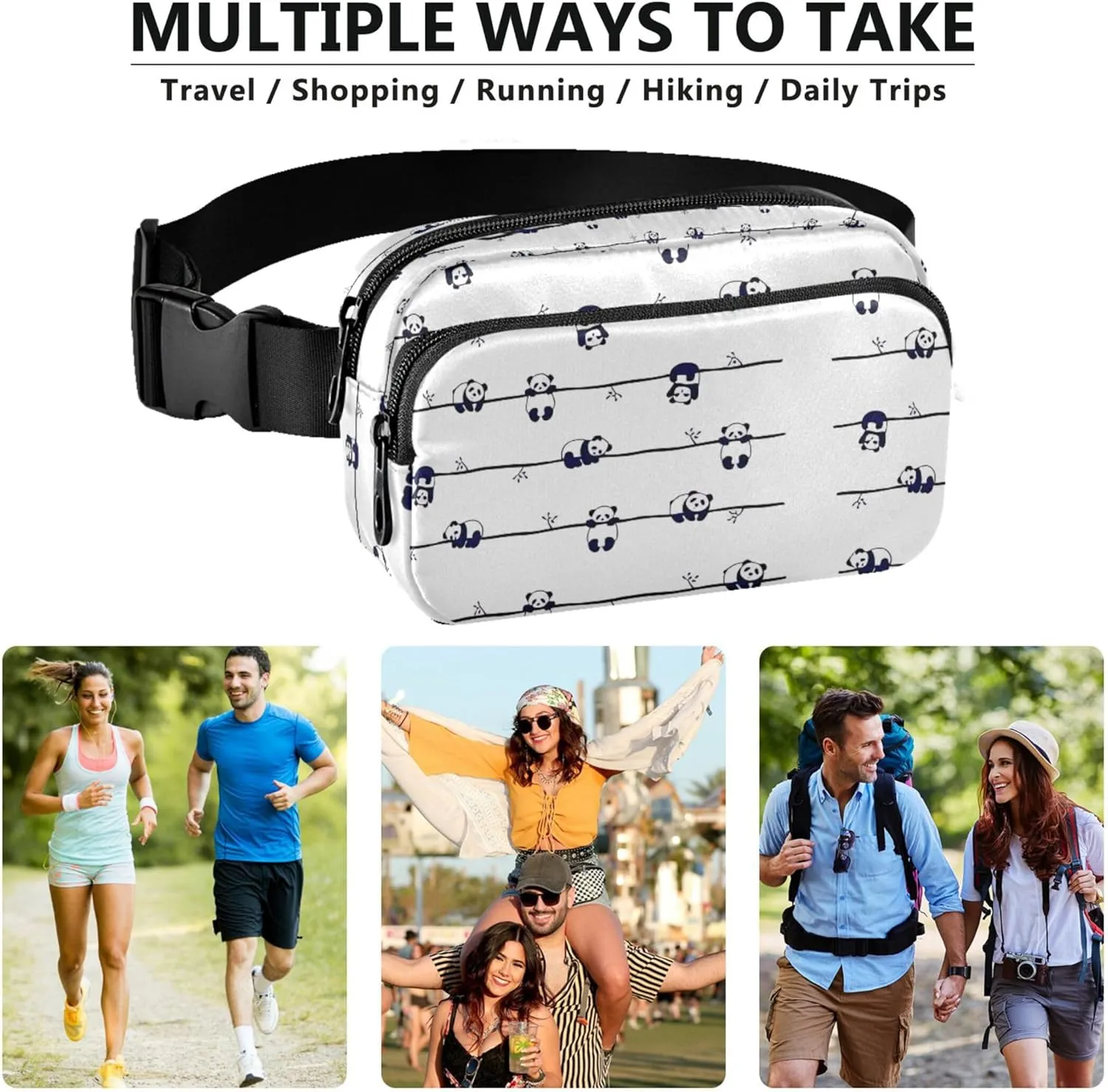 Cute Panda Black and White Women Fanny Packs Hip Pouch Belt Bag Waterproof Cartoon Cross Body Waist Pack