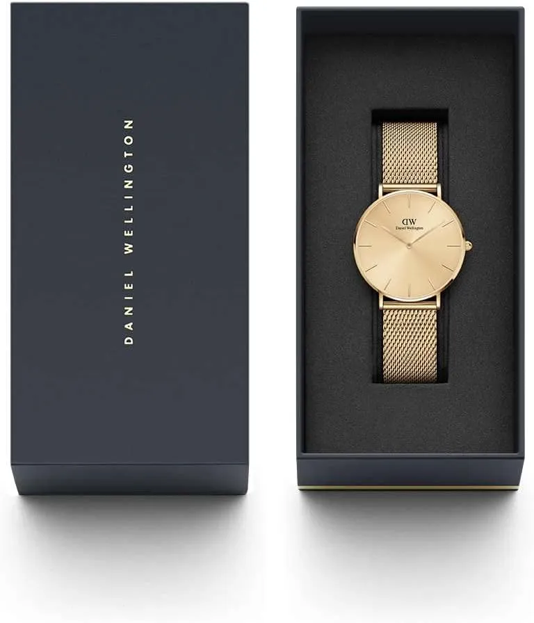 Daniel Wellington Petite Evergold Womens Watch  Japanese Quartz Movement, Stainless Steel Mesh Strap, Water Resistant, Gold Watch for Women