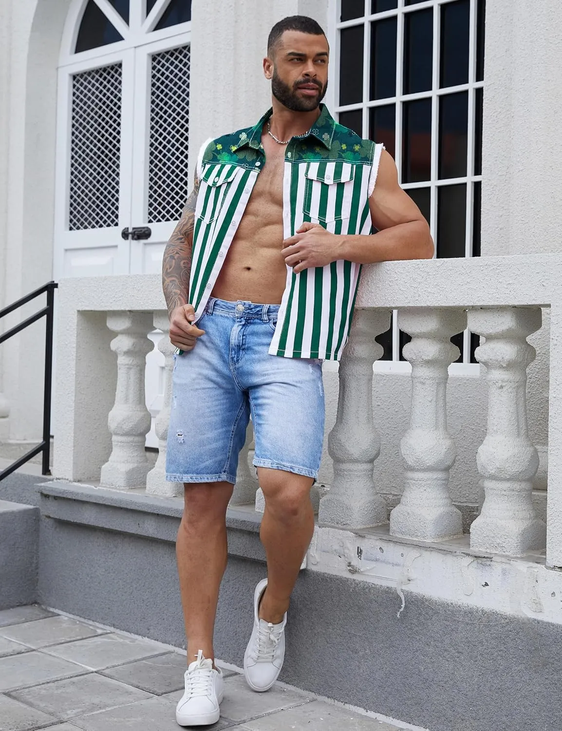 Denim Vest for Men Print Sleeveless Jean Jacket Festival Clothing