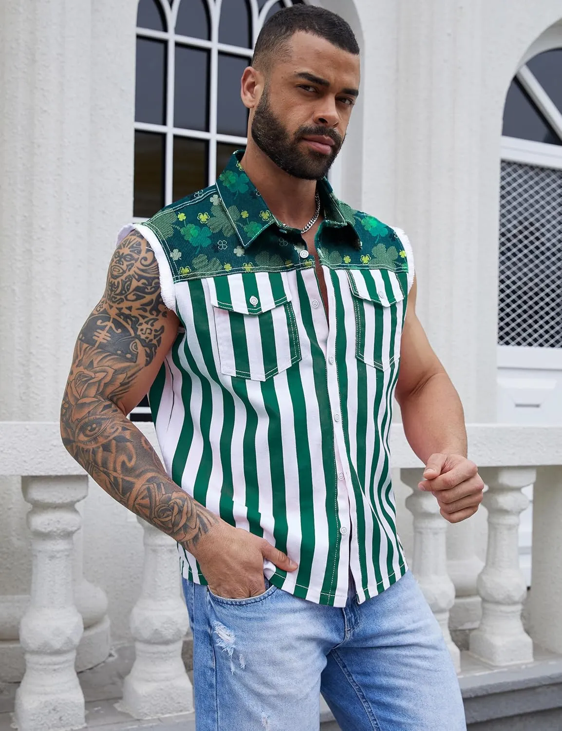 Denim Vest for Men Print Sleeveless Jean Jacket Festival Clothing
