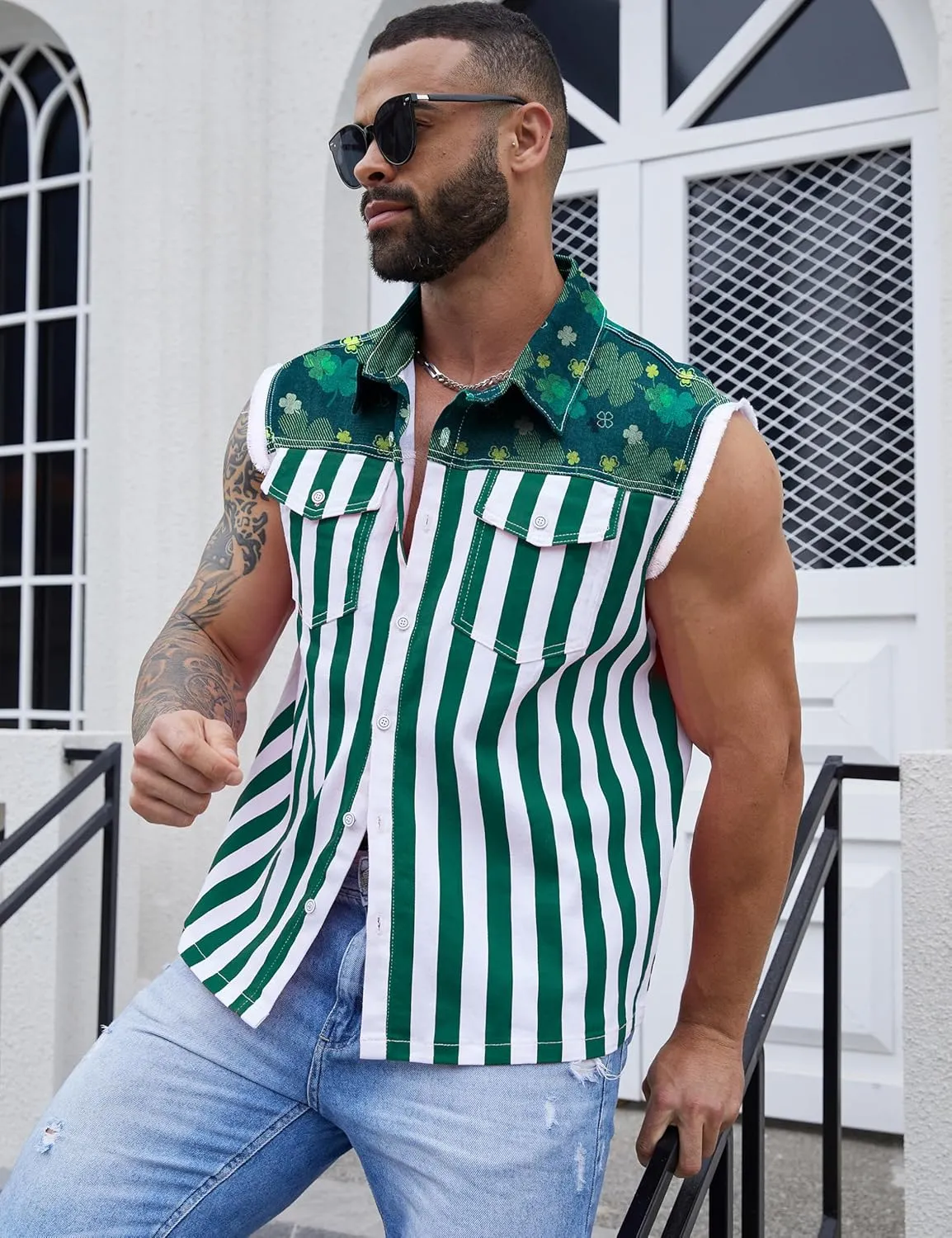 Denim Vest for Men Print Sleeveless Jean Jacket Festival Clothing
