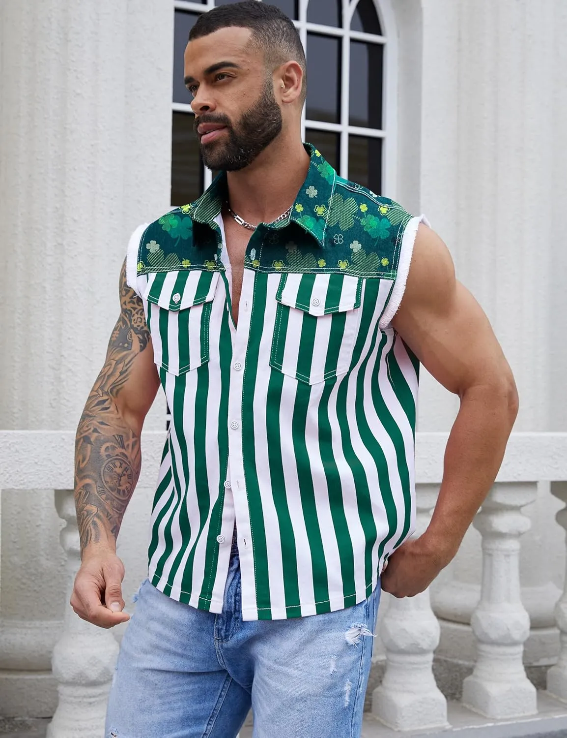 Denim Vest for Men Print Sleeveless Jean Jacket Festival Clothing