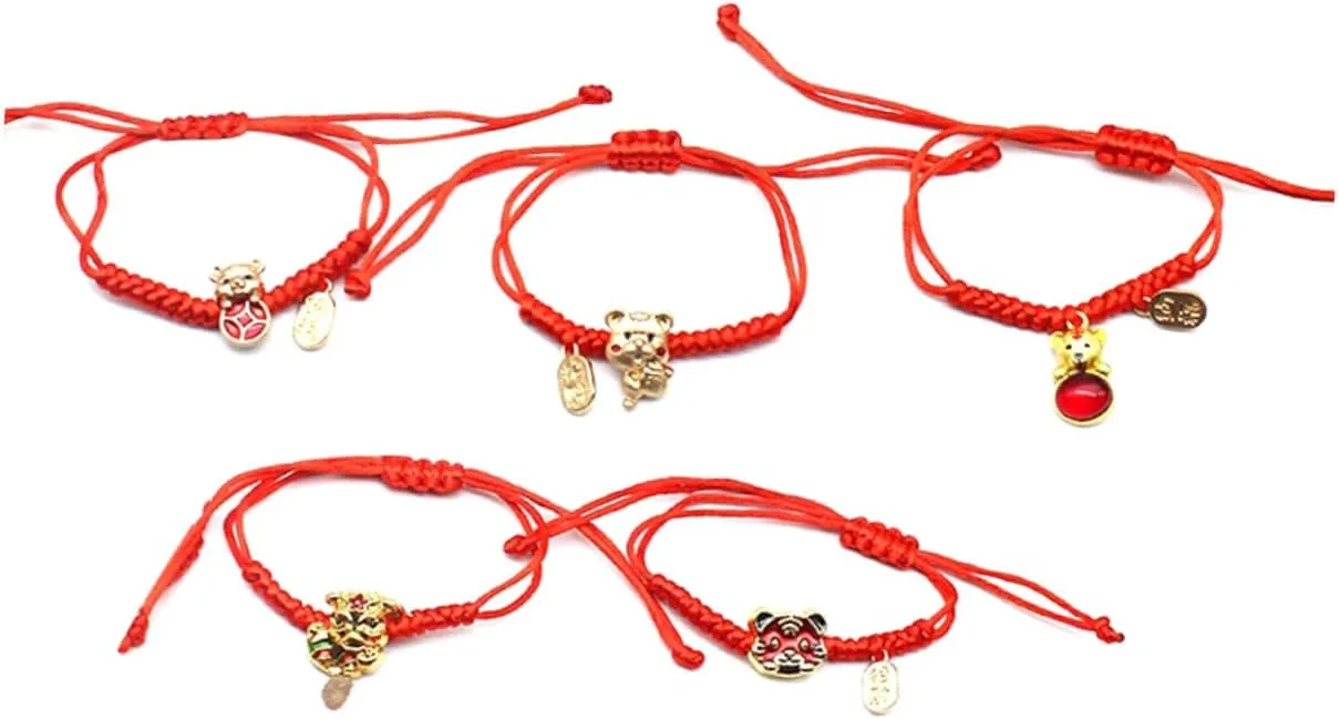 Didiseaon Adjustable Red Cord Bracelet 5pcs Wrist Bands Bracelets Kabbalah Red String Tiger Year Bangle String for Women Random Style