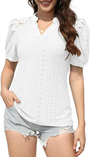 Disamer Womens Summer Tops Casual V Neck Pleated Puff Sleeve T Shirts Fashion Loose Tunic Blouse