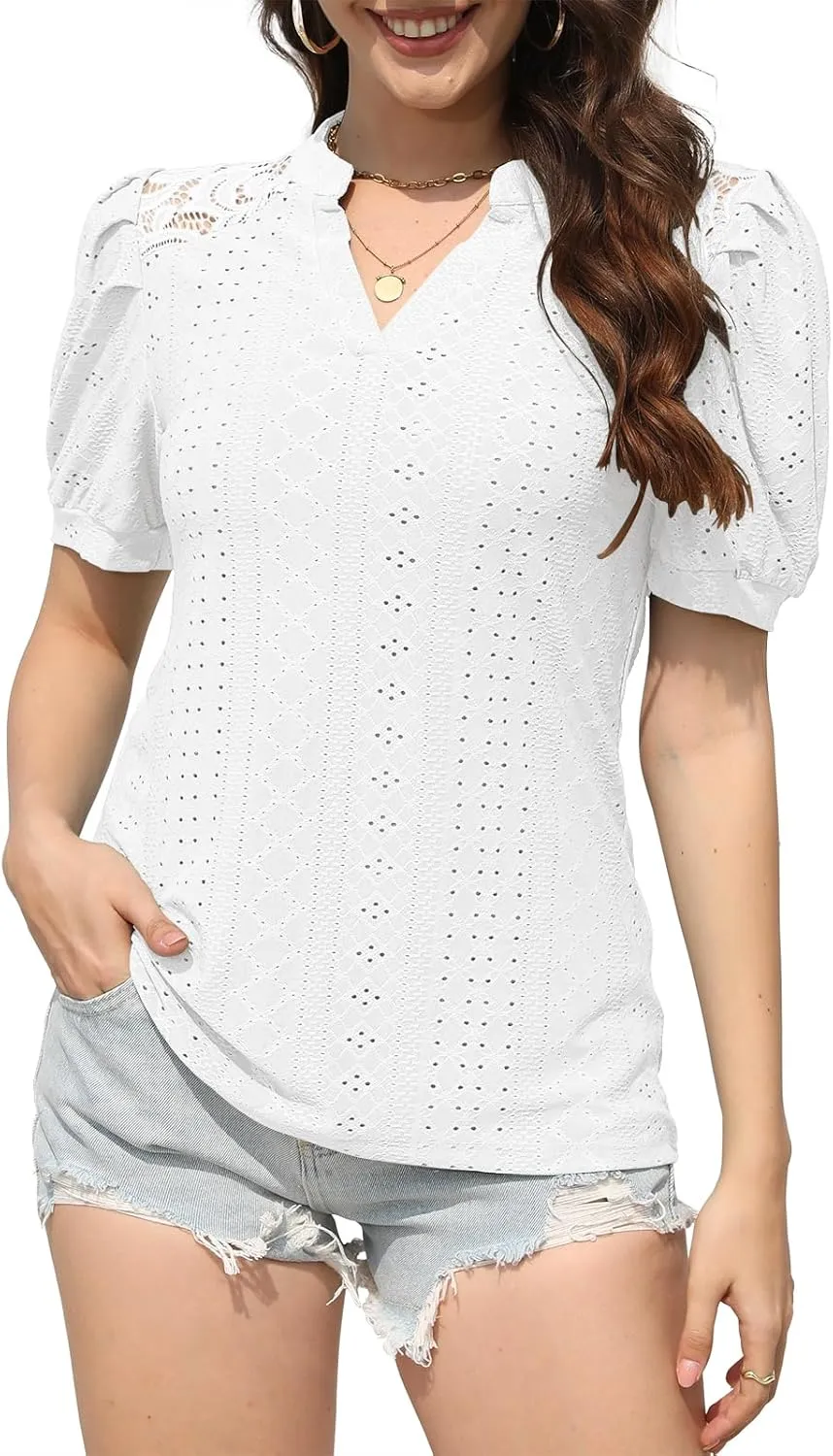 Disamer Womens Summer Tops Casual V Neck Pleated Puff Sleeve T Shirts Fashion Loose Tunic Blouse