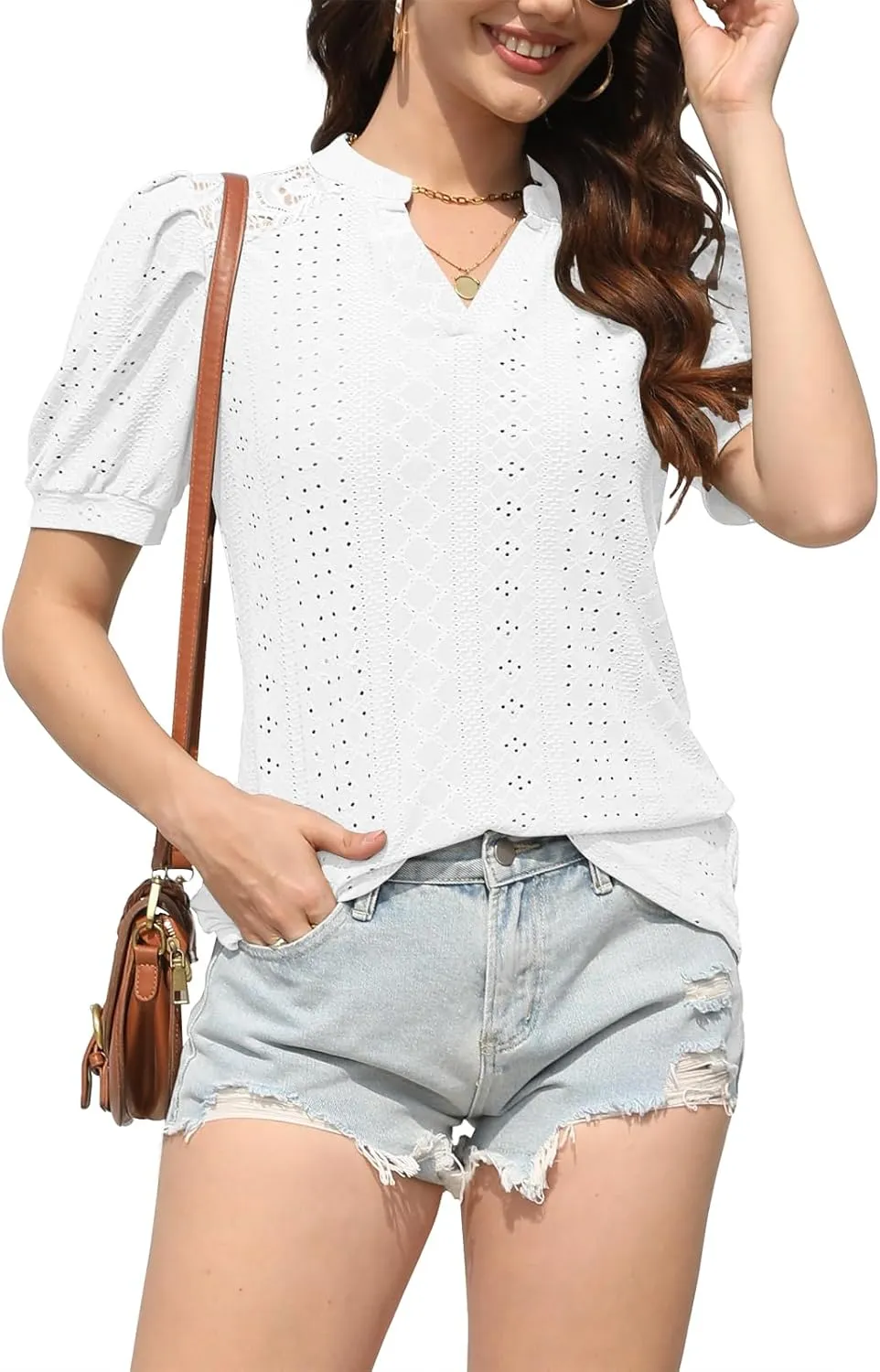Disamer Womens Summer Tops Casual V Neck Pleated Puff Sleeve T Shirts Fashion Loose Tunic Blouse