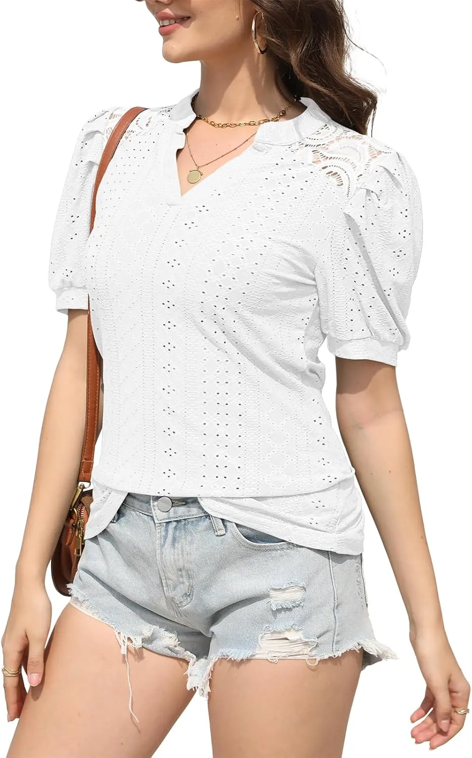 Disamer Womens Summer Tops Casual V Neck Pleated Puff Sleeve T Shirts Fashion Loose Tunic Blouse
