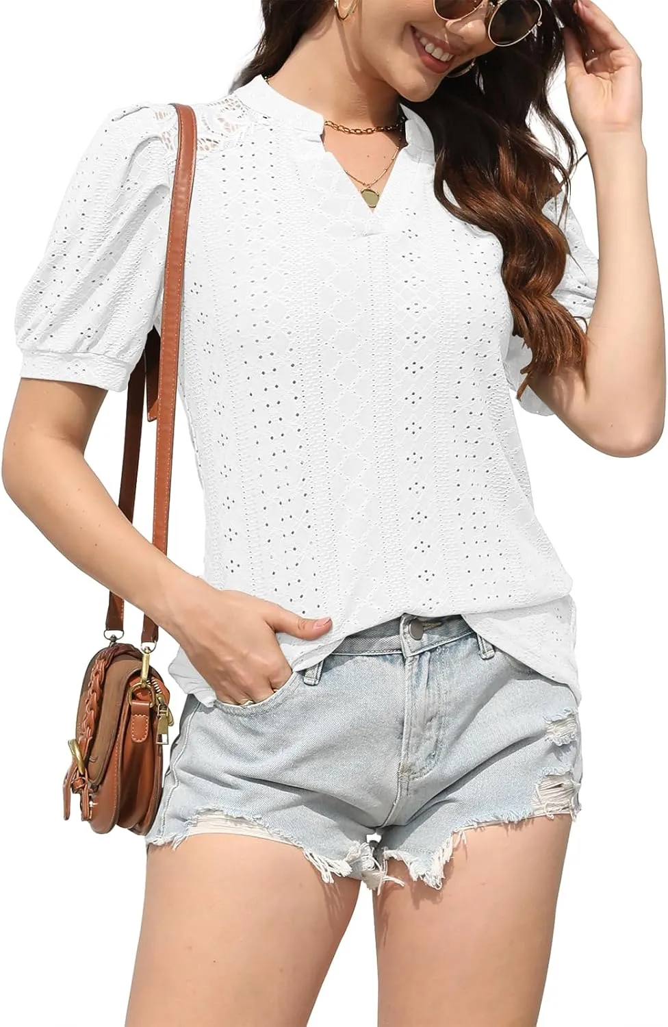 Disamer Womens Summer Tops Casual V Neck Pleated Puff Sleeve T Shirts Fashion Loose Tunic Blouse