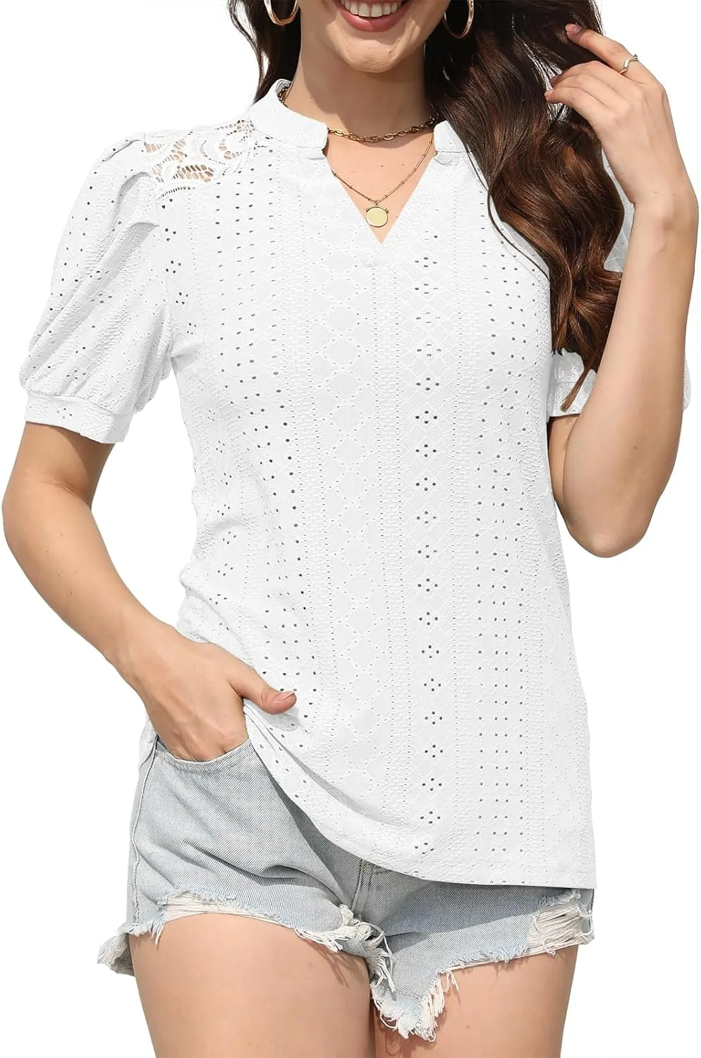 Disamer Womens Summer Tops Casual V Neck Pleated Puff Sleeve T Shirts Fashion Loose Tunic Blouse