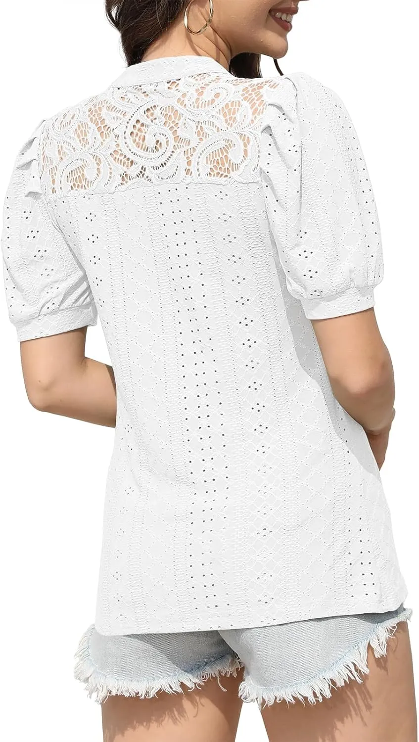 Disamer Womens Summer Tops Casual V Neck Pleated Puff Sleeve T Shirts Fashion Loose Tunic Blouse
