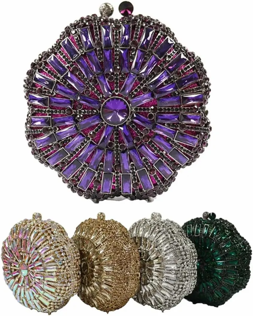 DJBM Women Round Flower Rhinestone Evening Bags Luxury Floral Crystal Purses and Handbags Prom Wedding Clutch for Party