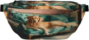 Dog Lounging On Teal Green Couch Fanny Pack For Women Man, Waist Belt Bag Crossbody For Sports Travel Hiking Running Jogging