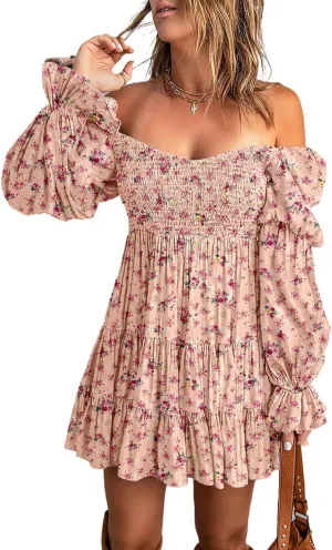 Dokotoo Womens 2025 Spring Summer Dresses Elegant Off The Shoulder V Neck Long Sleeve Ruffle Flowy Mini Short Skater Dresses