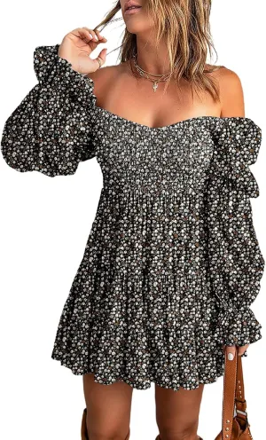 Dokotoo Womens 2025 Spring Summer Dresses Elegant Off The Shoulder V Neck Long Sleeve Ruffle Flowy Mini Short Skater Dresses