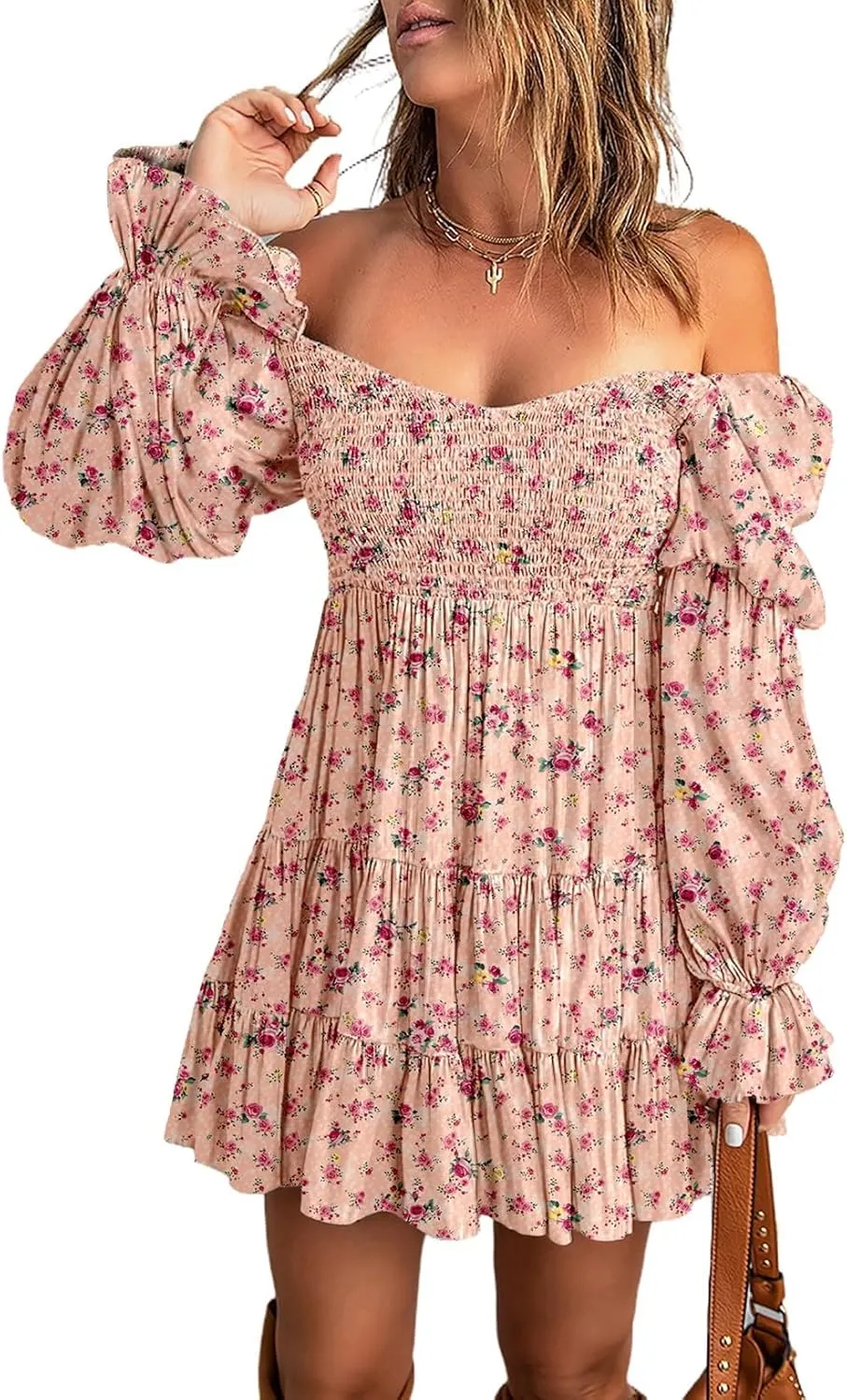 Dokotoo Womens 2025 Spring Summer Dresses Elegant Off The Shoulder V Neck Long Sleeve Ruffle Flowy Mini Short Skater Dresses