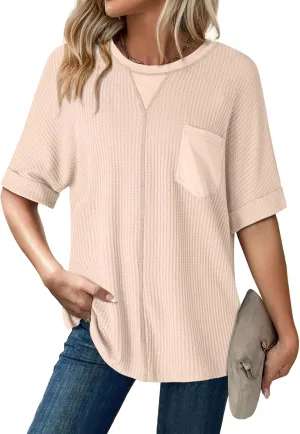 Dokotoo Womens Summer Tops 2025 Fashion Short Sleeve Crewneck Waffle Knit T Shirts Casual Oversized Blouses Clothing