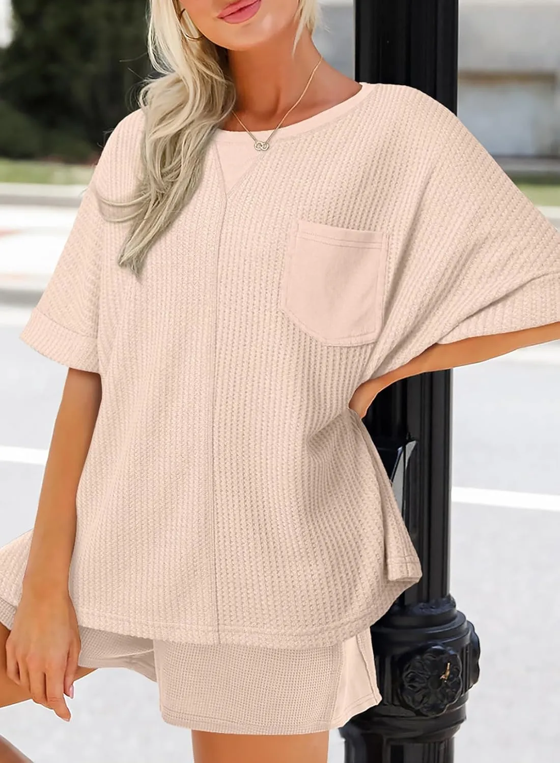 Dokotoo Womens Summer Tops 2025 Fashion Short Sleeve Crewneck Waffle Knit T Shirts Casual Oversized Blouses Clothing