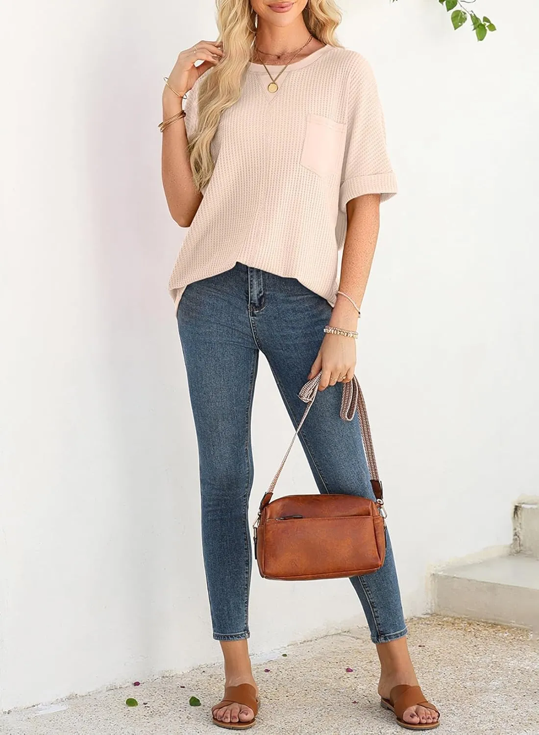Dokotoo Womens Summer Tops 2025 Fashion Short Sleeve Crewneck Waffle Knit T Shirts Casual Oversized Blouses Clothing