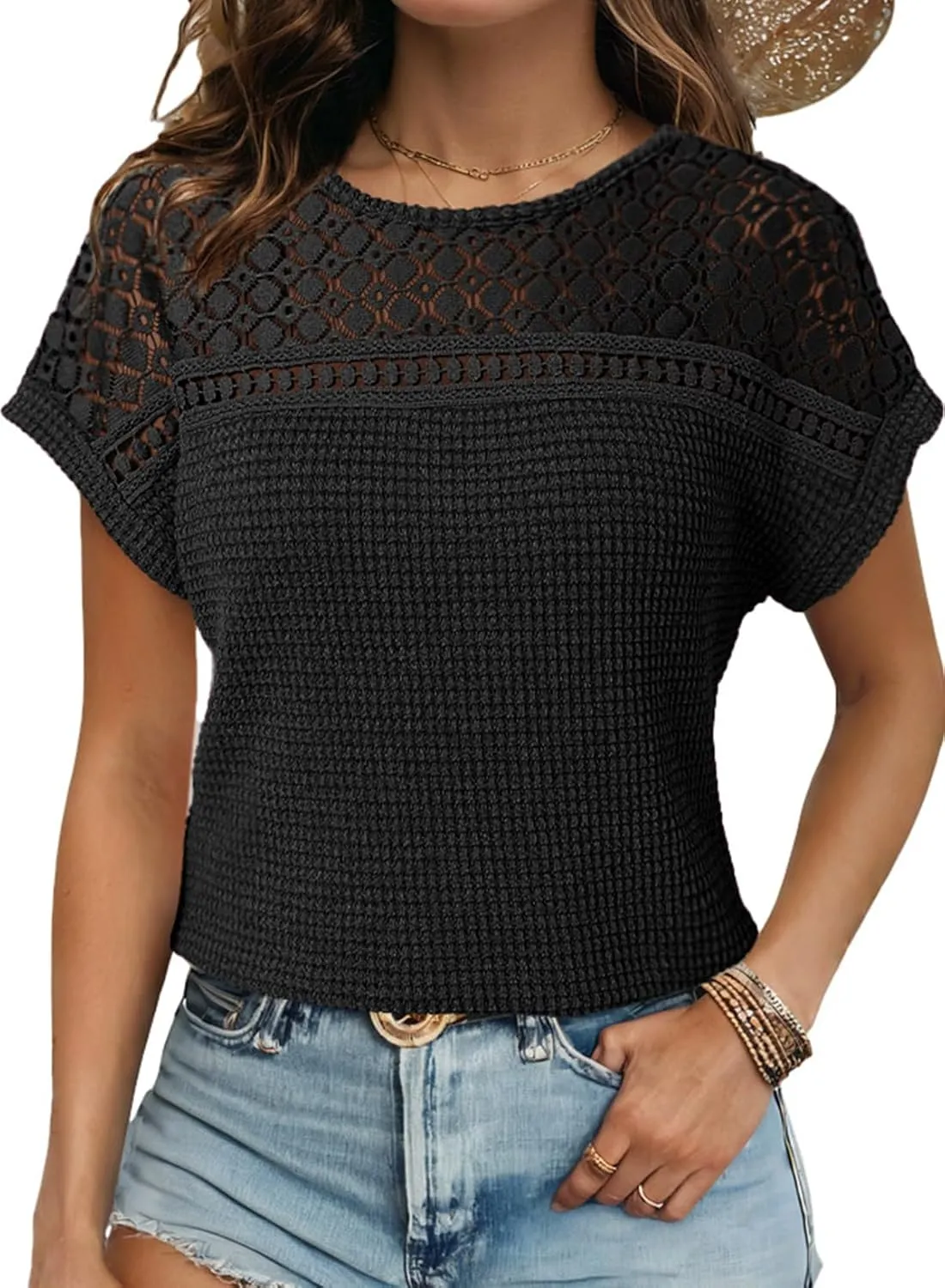 Dokotoo Women's Tops Casual Scoop Neck Short Sleeve Waffle Knit Hollow Out Shirts Loose Tunic Tops Blouses