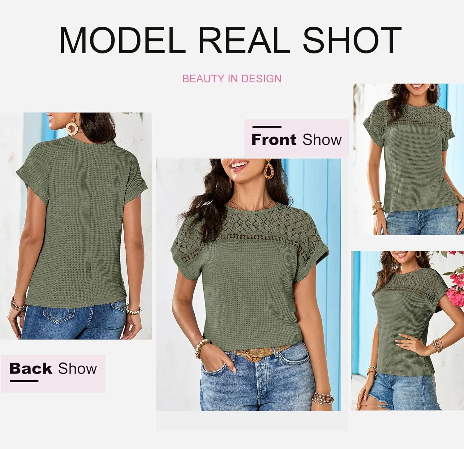 Dokotoo Women's Tops Casual Scoop Neck Short Sleeve Waffle Knit Hollow Out Shirts Loose Tunic Tops Blouses