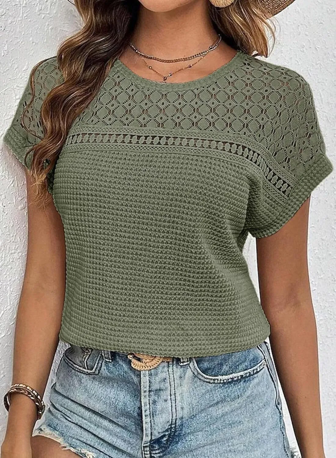 Dokotoo Women's Tops Casual Scoop Neck Short Sleeve Waffle Knit Hollow Out Shirts Loose Tunic Tops Blouses