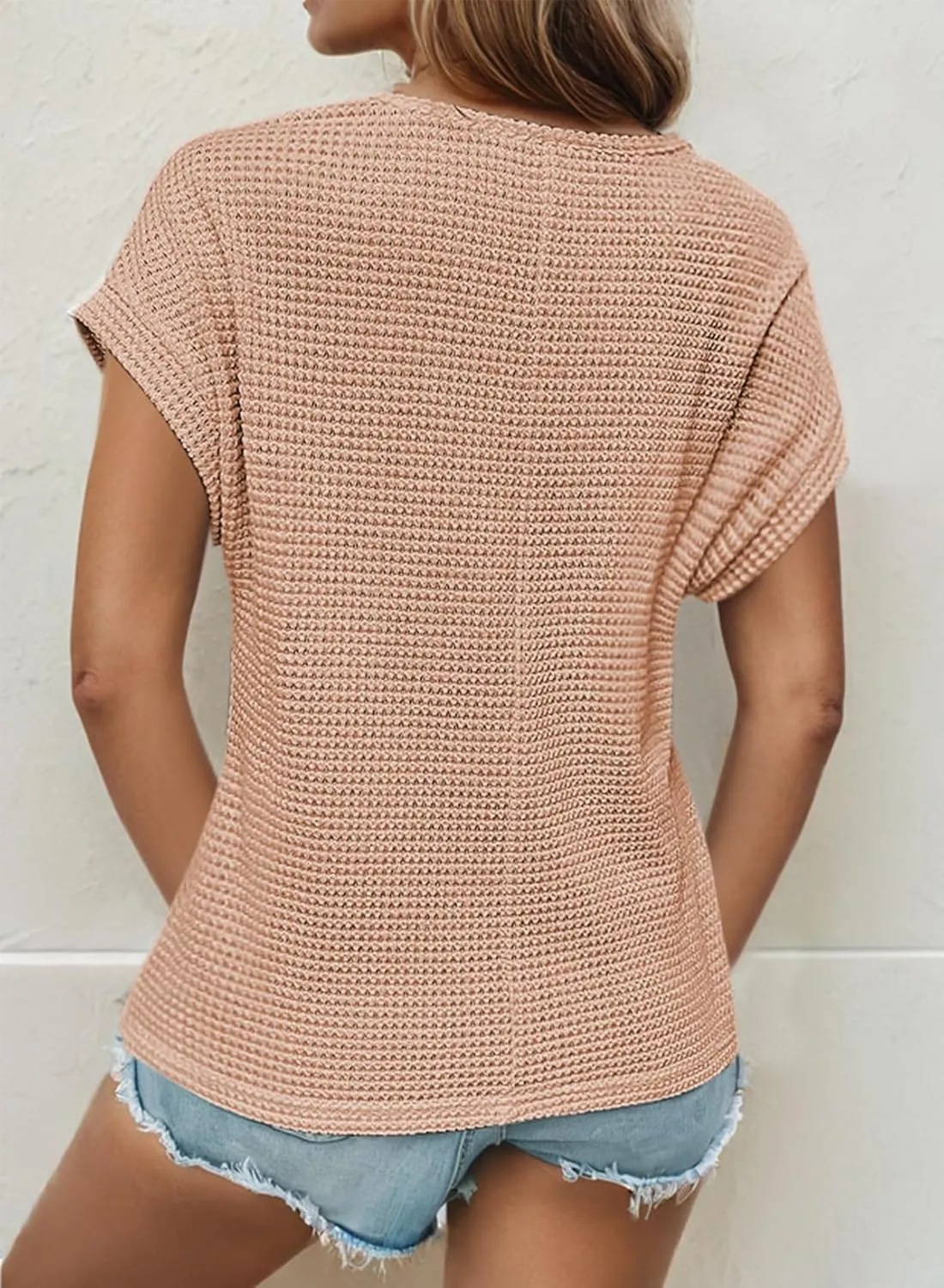 Dokotoo Women's Tops Casual Scoop Neck Short Sleeve Waffle Knit Hollow Out Shirts Loose Tunic Tops Blouses