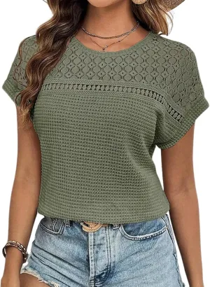 Dokotoo Women's Tops Casual Scoop Neck Short Sleeve Waffle Knit Hollow Out Shirts Loose Tunic Tops Blouses