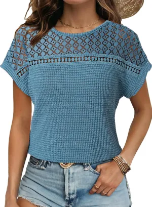Dokotoo Women's Tops Casual Scoop Neck Short Sleeve Waffle Knit Hollow Out Shirts Loose Tunic Tops Blouses