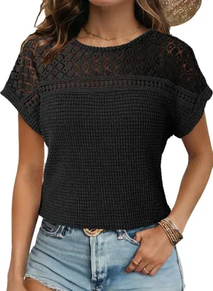 Dokotoo Women's Tops Casual Scoop Neck Short Sleeve Waffle Knit Hollow Out Shirts Loose Tunic Tops Blouses