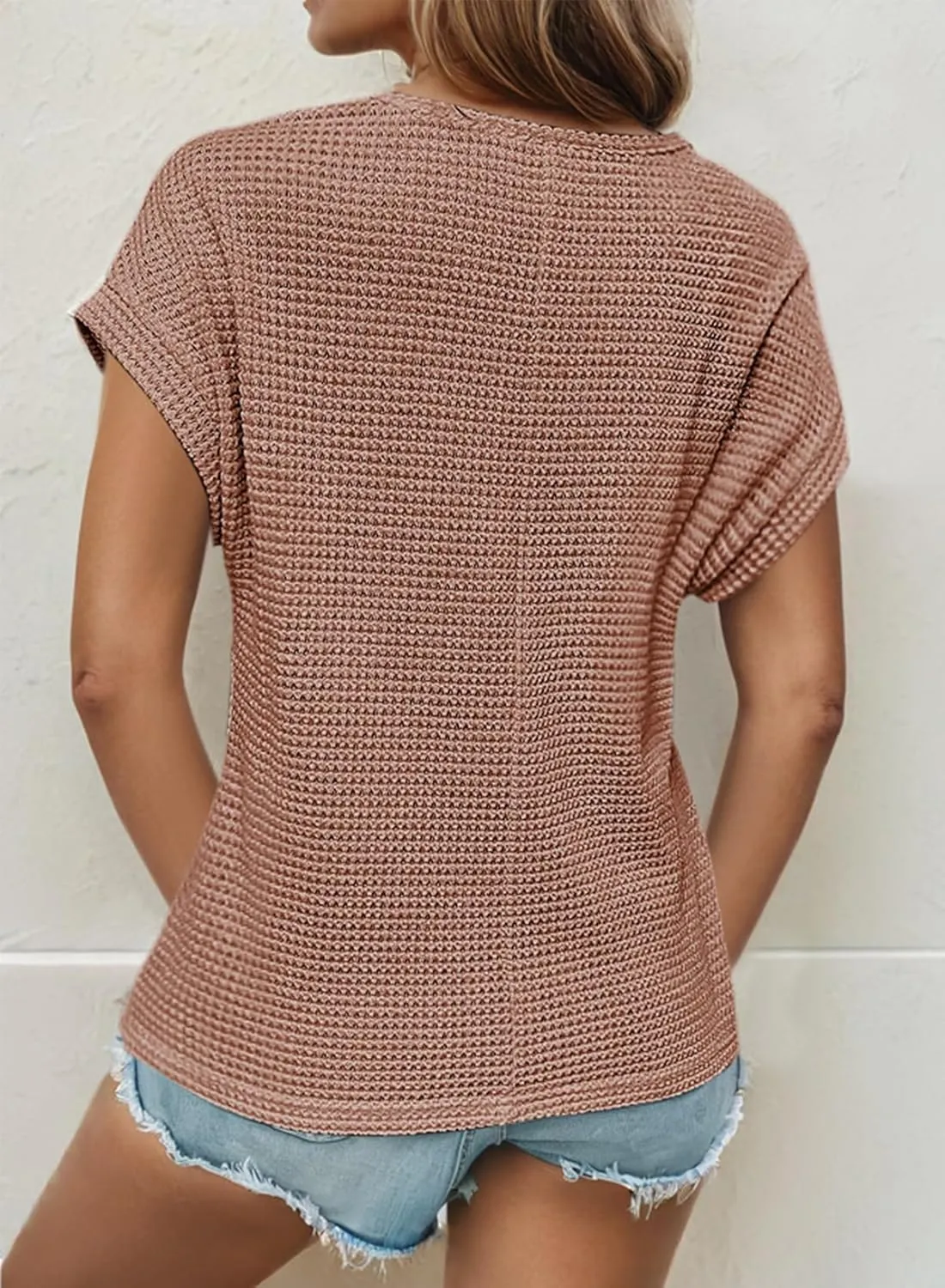 Dokotoo Women's Tops Casual Scoop Neck Short Sleeve Waffle Knit Hollow Out Shirts Loose Tunic Tops Blouses