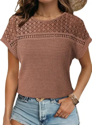 Dokotoo Women's Tops Casual Scoop Neck Short Sleeve Waffle Knit Hollow Out Shirts Loose Tunic Tops Blouses
